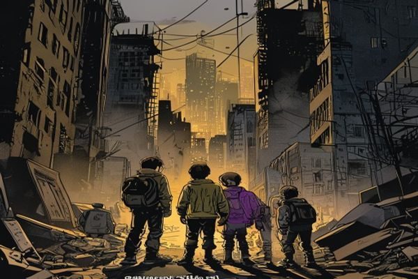 《20世纪少年》漫画封面风格插图，复古未来感的城市废墟中少年们并肩而立，色调昏黄神秘充满悬疑感