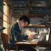 动漫内容研究专家陈明远在工作室内阅读日韩漫画原版资料，书架背景专业学术氛围浓厚